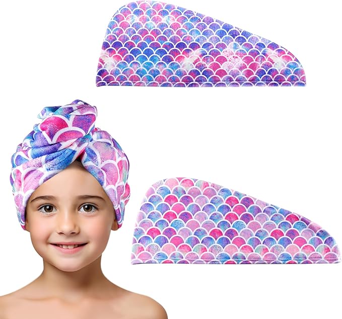 MADHOLLY Microfiber Hair Towel for Kids Gift - Soft Super Absorbent Rapid Drying Hair Towel Wrap Turban for Girls Women with Button, Anti-Frizz for Thicker Curly Long Hair, 2Pack