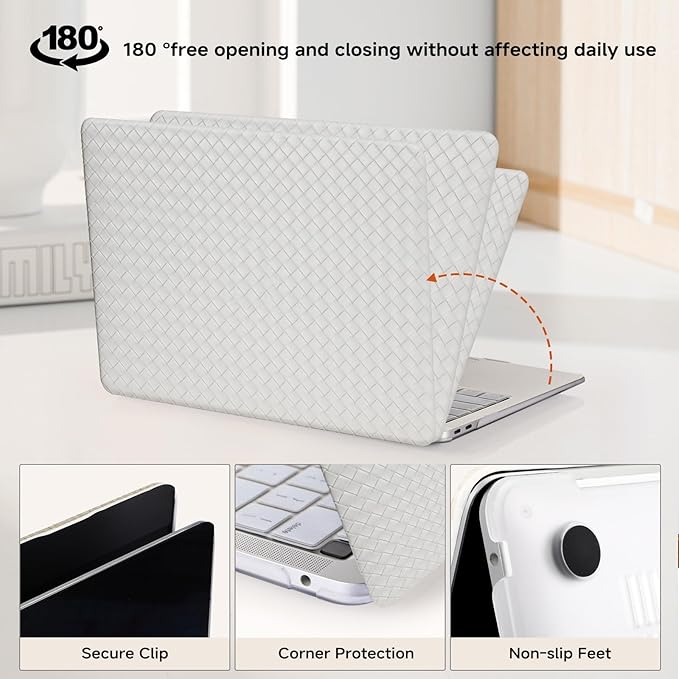 BYCeKe Woven Case Compatible with MacBook Air 13.6 inch 2022-2025 M4 A3240 M3 A3113 M2 A2681,for Mac Air 13+ Sturdy Protective Leather Woven Textured Case&Keyboard Cover for Mac 13 M4 Weave,Boho White