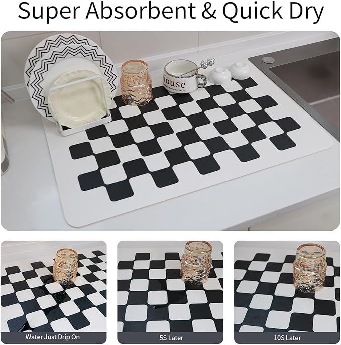 2PCS Checkered Dish Drying Mat 24''x16'' Water Absorbent Coffee Mat Dish Drying Pad for Kitchen Counter Bathroom Pet Feeding Area,Black Checkered