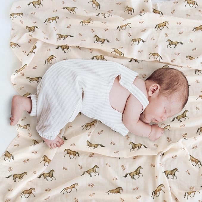 LifeTree Baby Swaddle Blankets, Boys Girls Muslin Swaddling Wrap Receiving Blanket for Newborn, 70% Viscose from Bamboo and 30% Cotton, Large 47" x 47", Horse & Leaf
