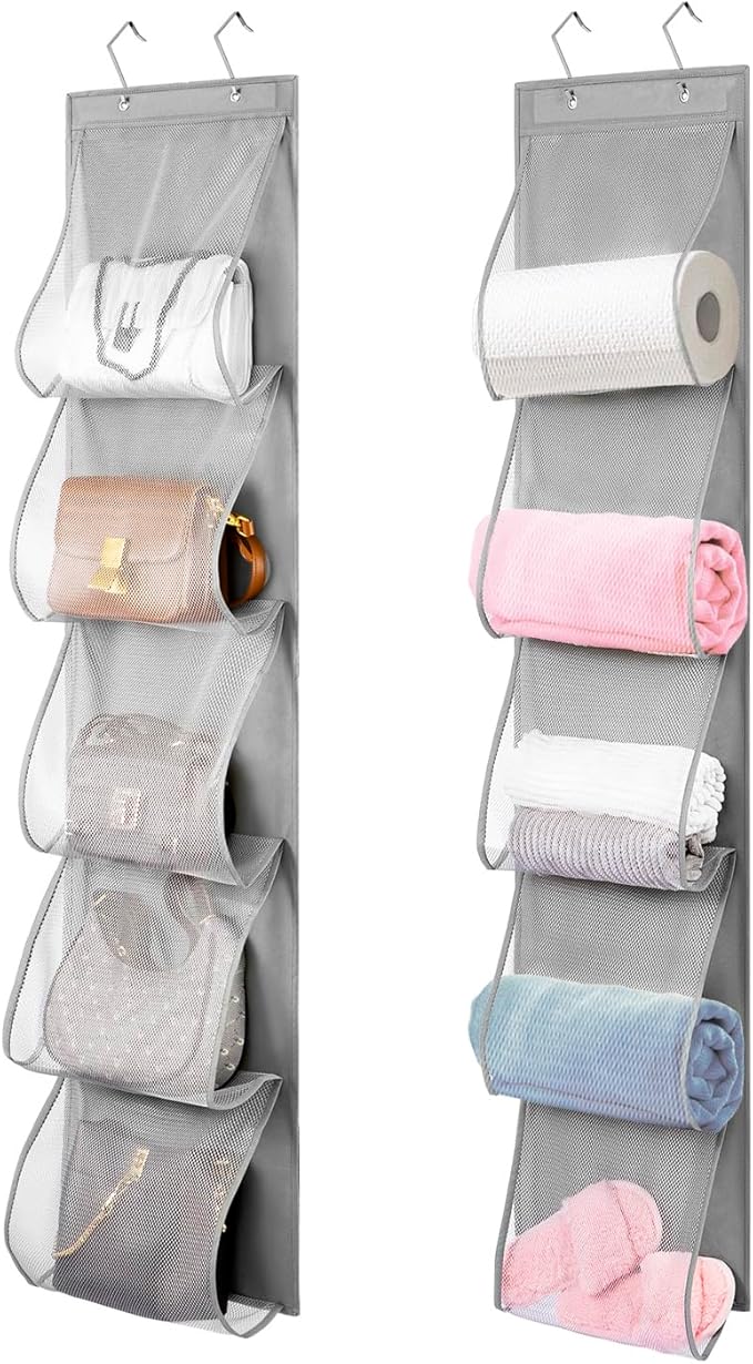 TEMUORG 2 Pack Over the Door Hanging Vinyl Organizer Embroidery Stabilizer Holder Purse Storage for Closet Bath Towel Hanger Scarf Container 5 Large Pockets (One Side)