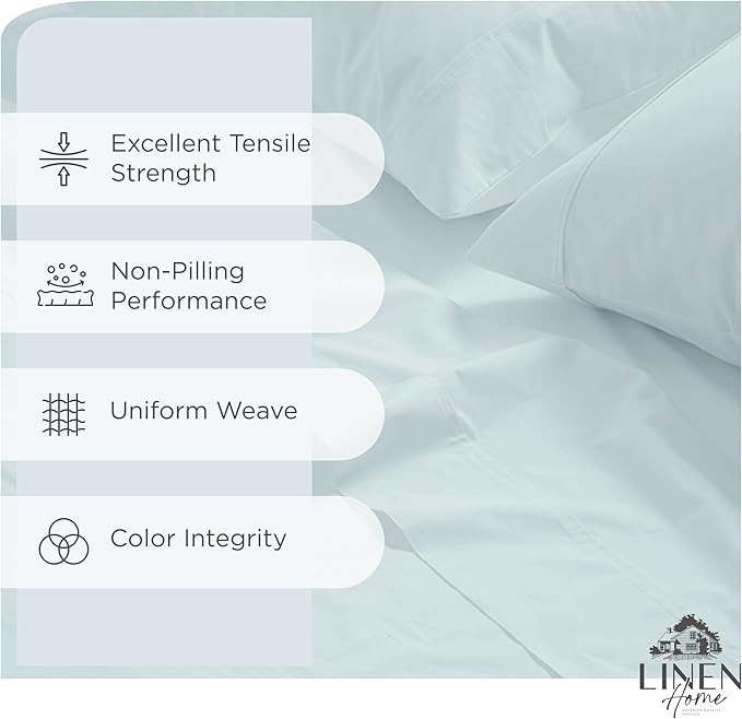 Linen Home 100% Cotton Percale Sheets Queen Size, Blue Duck Egg, Deep Pocket, 4 Pieces Set - 1 Flat, 1 Deep Pocket Fitted Sheet and 2 Pillowcases, Crisp Cool and Strong Bed Linen