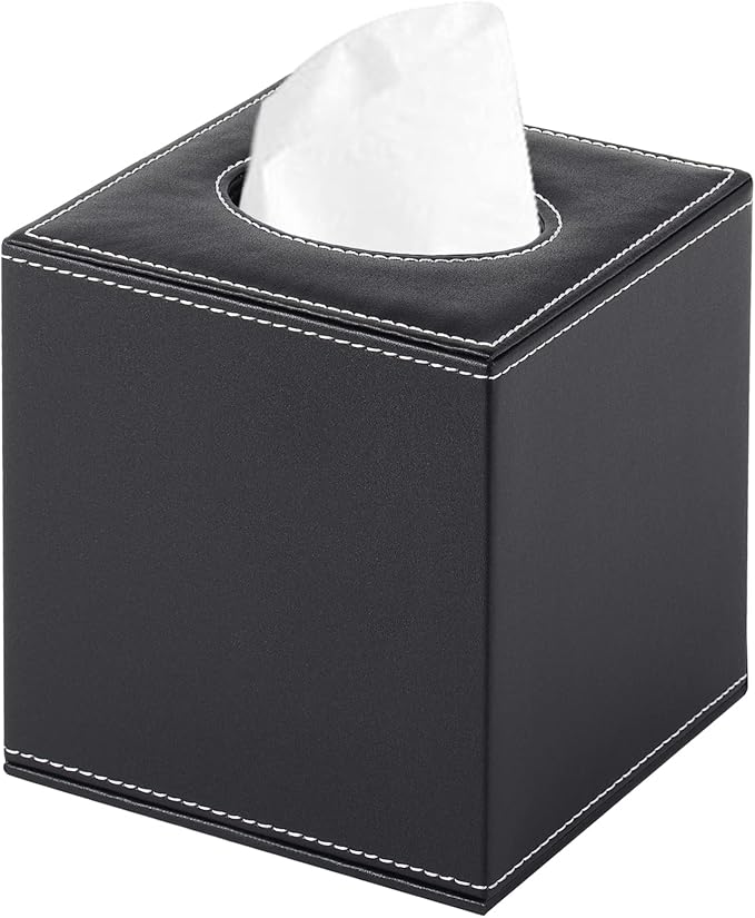 RHCSZ PU Leather Tissue Box Cover Square,Upgrade Large Size Napkin Holder Pumping Paper Case Dispenser,Facial Tissue Holder with Magnetic Bottom for Home Office Car Hotel Restaurant Black (Black-1)