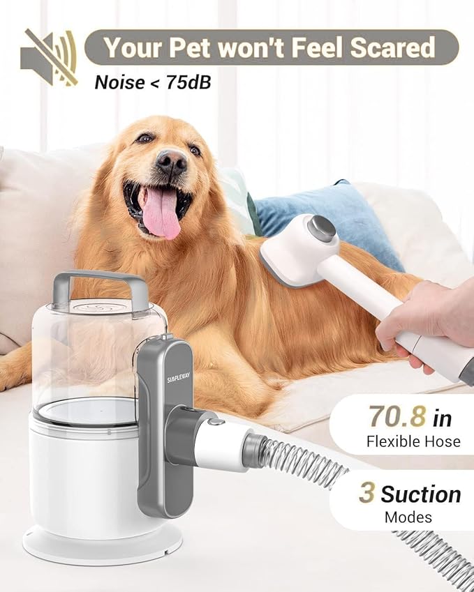 Simple Way Dog Vacuum Grooming Kit for Shedding: Professional Hair Clippers Pet Groomer - Strong Suction Cleaner Deshedding Tool Fur Brush Attachment Trimmer for Home Cat (Milky)