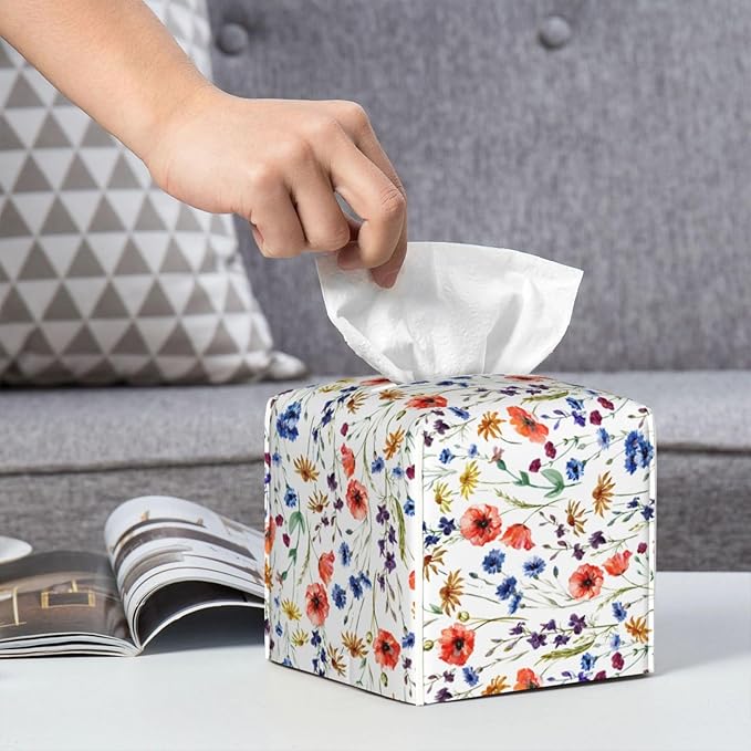 PVC Tissue Box Cover Holder,Watercolor Flower Square Decorative Organizer,5.2"X5.2"X5.2" Tissue Case for Bathroom,Tabletop,Car,Office