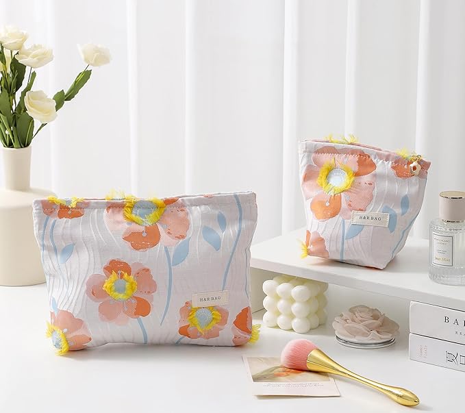 getgto 2 Pcs Makeup Bags, Large Cosmetic Bag Travel Toiletry Bag Organizer for Women, Embroidery Craft, Floral Makeup Bag Small Cosmetic Pouch Purse with Zipper Gifts for Girls Teen