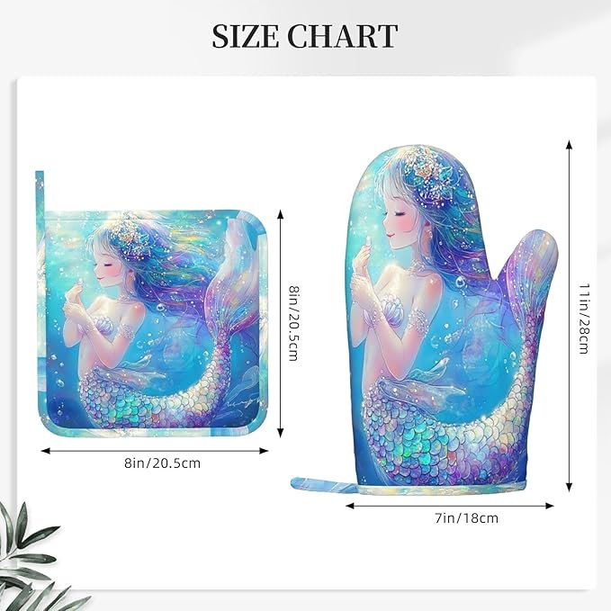 Oven Mitts Pot Holders Set Mermaid Childish Blue Sea Silicone Kitchen Gloves Potholders Heat Resistant for Chef Baking Cooking Grilling BBQ 4 Pack Mitt