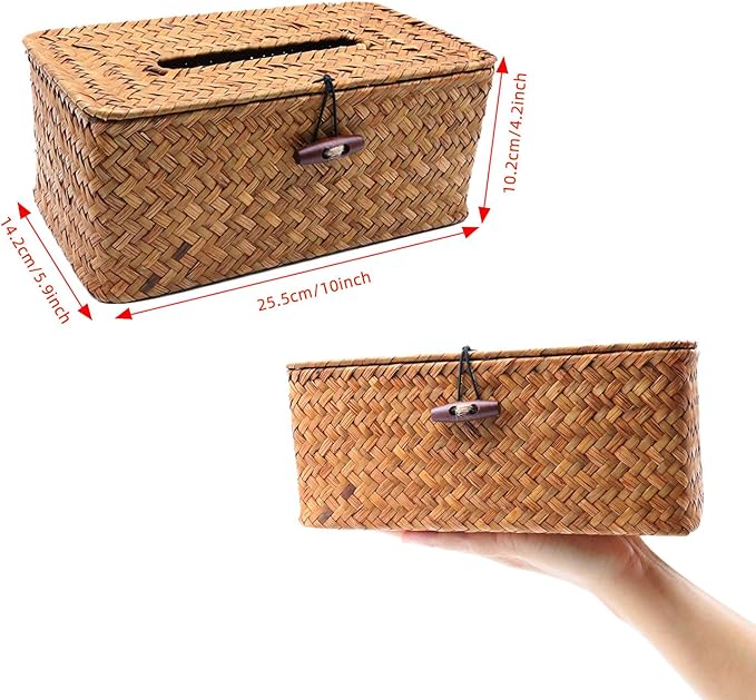 Shonmogar Tissue Box Cover Rectangle Seagrass Tissue Box, Woven Tissue Box Holder with Lid, Farmhouse Style Tissue Cover for Bathroom Toilet Living Room Bedroom Kitchen Table Desk Office Car, Caramel