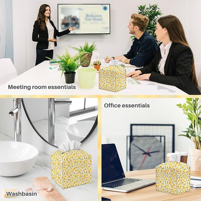Tissue Box Cover, Tissue Box Holder, Square with Belt Bottom, PU Leather Decorative Organizer for Desk, Tabletop, Countertop Bathroom, Toilet Car,Office, Dresser Bedside, Aesthetic Yellow Flower Decor