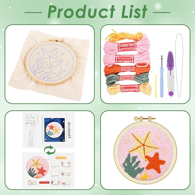ERKOON Punch Needle Kit Adults Beginners, DIY Easy Sea Animals Embroidery Set for Starter Art Craft, Needling Punch Project with Patterns, Tools, Yarns, Hoop, Instruction (Starfish)