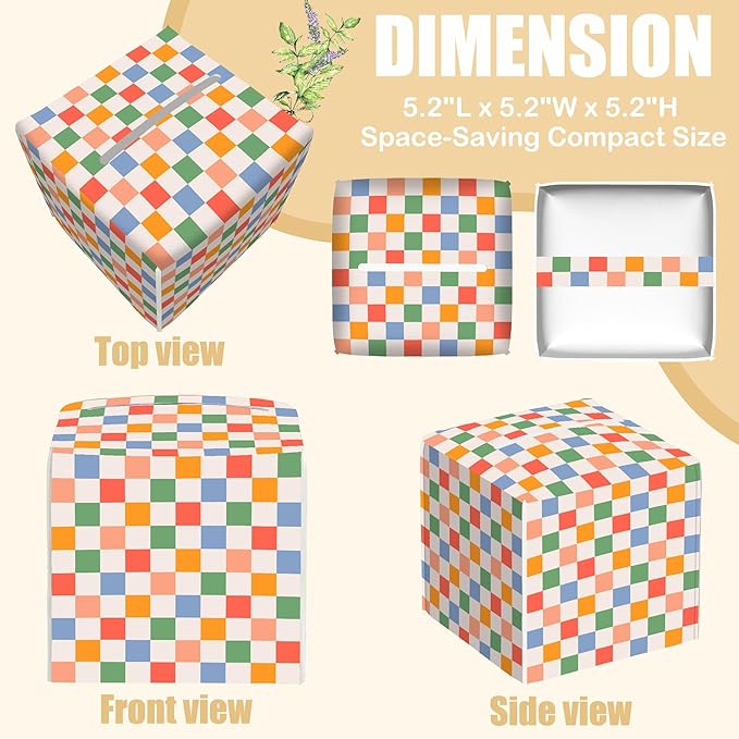 Retro Leather Tissue Box Holder Colorful Checkerboard Tissue Box Cover Facial Paper Case Organizer Cube Napkin Dispenser for Bathroom Vanity Countertop Night Stand Office Car