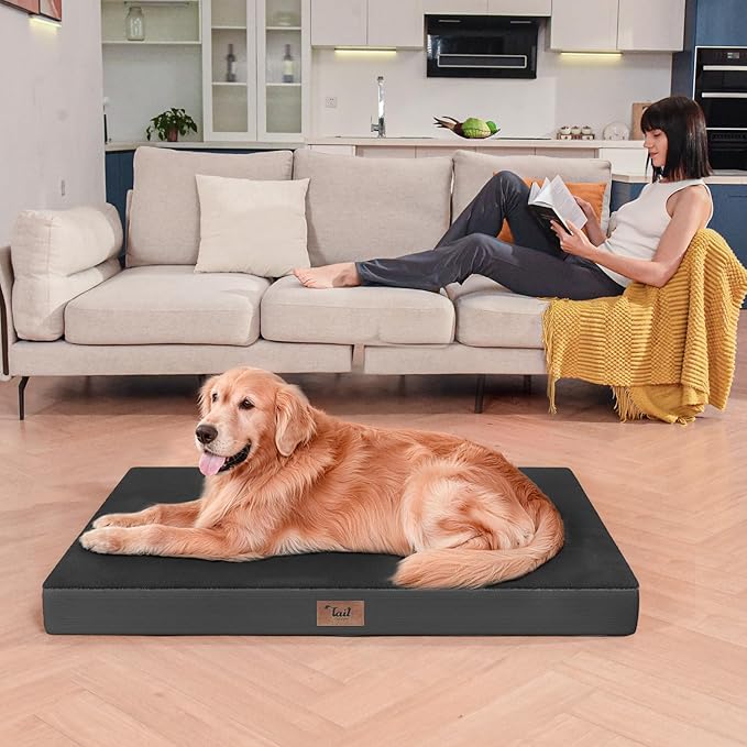 Tail Stories Plush Dog Bed for Medium Dogs, Waterproof Dog Crate Mat Orthopedic Egg Crate Foam Pet Bed with Washable Removable Oxford Cover, Black