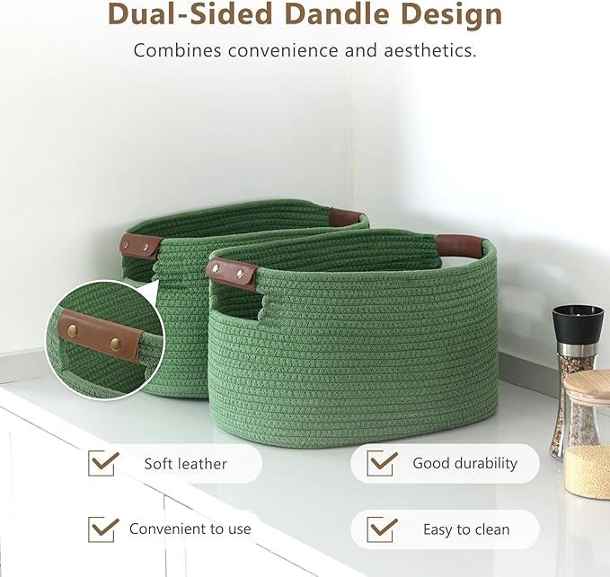 ECDYQXVU Cotton Rope Basket, Storage Baskets with Handle, 15x10x9 Inch Woven Basket for Shelves, Laundry, Towels, Clothes, Books (Green 3Pack)
