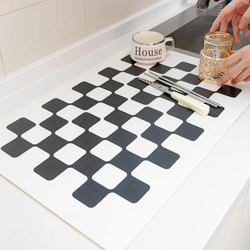 2PCS Checkered Dish Drying Mat 24''x16'' Water Absorbent Coffee Mat Dish Drying Pad for Kitchen Counter Bathroom Pet Feeding Area,Black Checkered