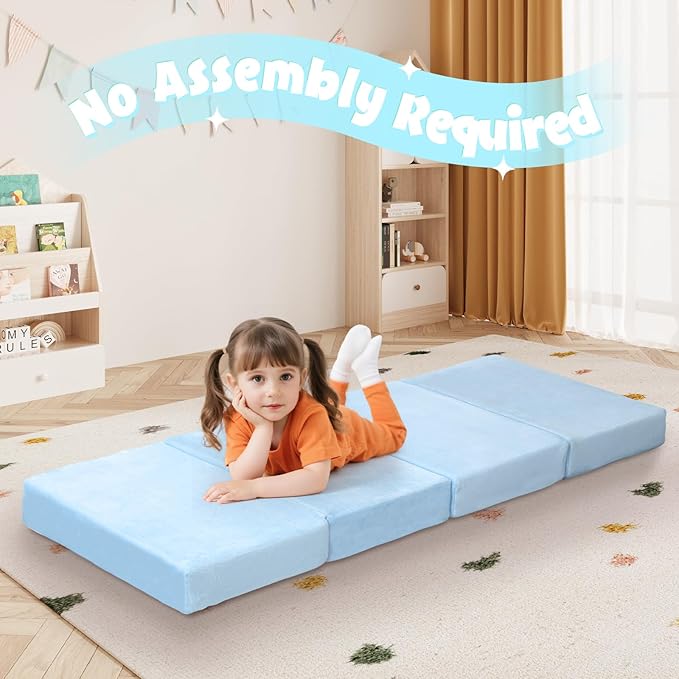 MeMoreCool Kids Foldable Floor Mattress – Plush Trifold Nap Mat, Blue Portable Toddler Sleeping Pad for Daycare & Travel, Machine Washable Cover