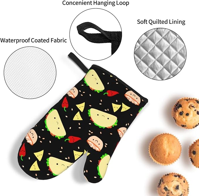 Kawaii Taco Patterned Oven Mitts and Pot Holders Set of 4, Oven Mittens and Potholders Heat Resistant Gloves for Kitchen Cooking Baking Grilling BBQ