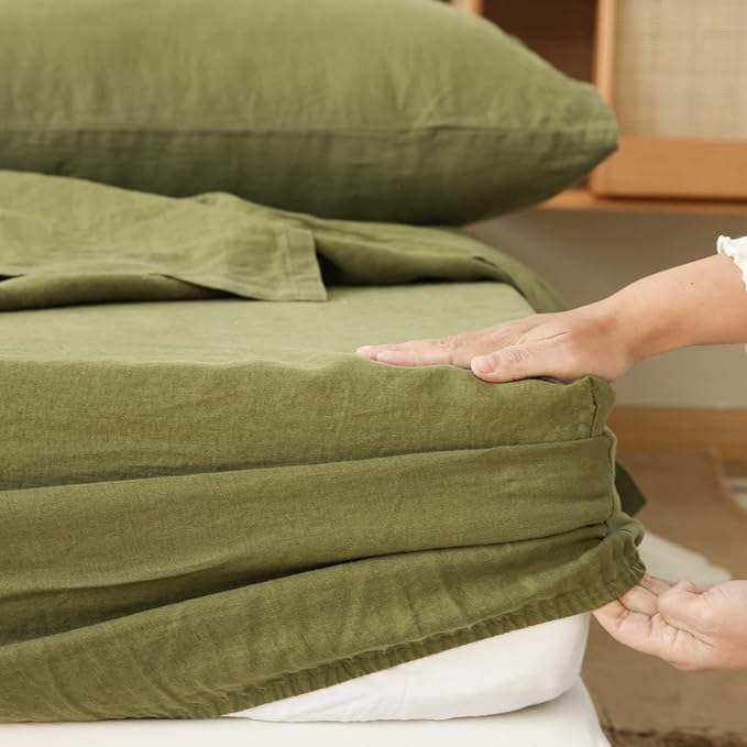 Simple&Opulence Washed Linen Bed Sheet Set Basic Style 4 Pieces (1 Flat Sheet & 1 Fitted Sheet & 2 Pillowcases) 100% Natural French Flax Soft Breathable Farmhouse Bedding (King, Olive Green)