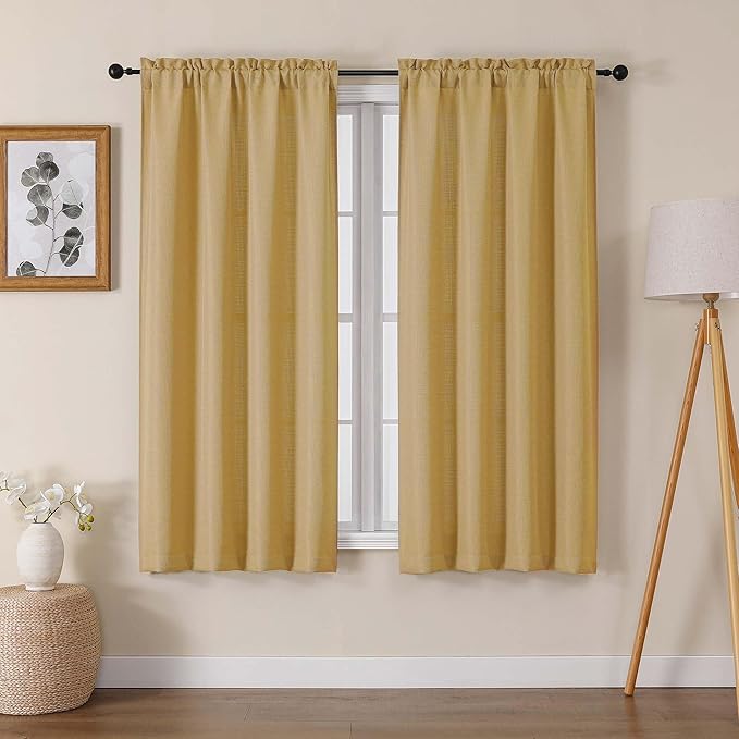 Lecloud Bessie Gold Curtains 63 Inch Length 2 Panels, Light Filtering Curtains for Bedroom, Faux Linen Textured Rod Pocket Curtain Drapes, Window Treatments for Living Room, Each 40 W x 63 L