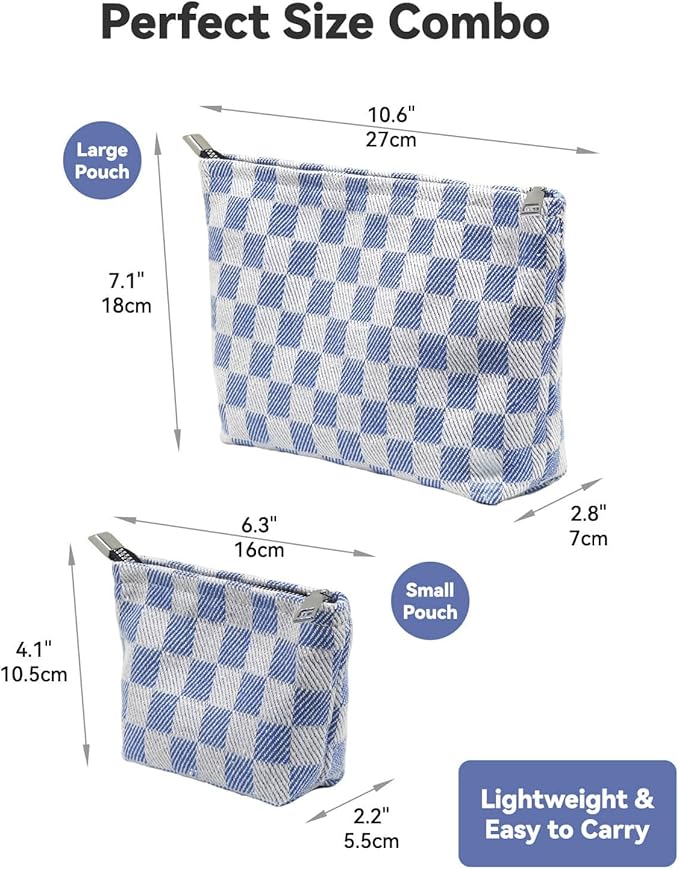 fahombag 2 Pcs Checkered Makeup Bag Set Canvas Cosmetic Pouch for Women Large & Small Cute Preppy Aesthetic Travel Toiletry Pouch Organizer for Purse Skincare Brushes, Blue And White