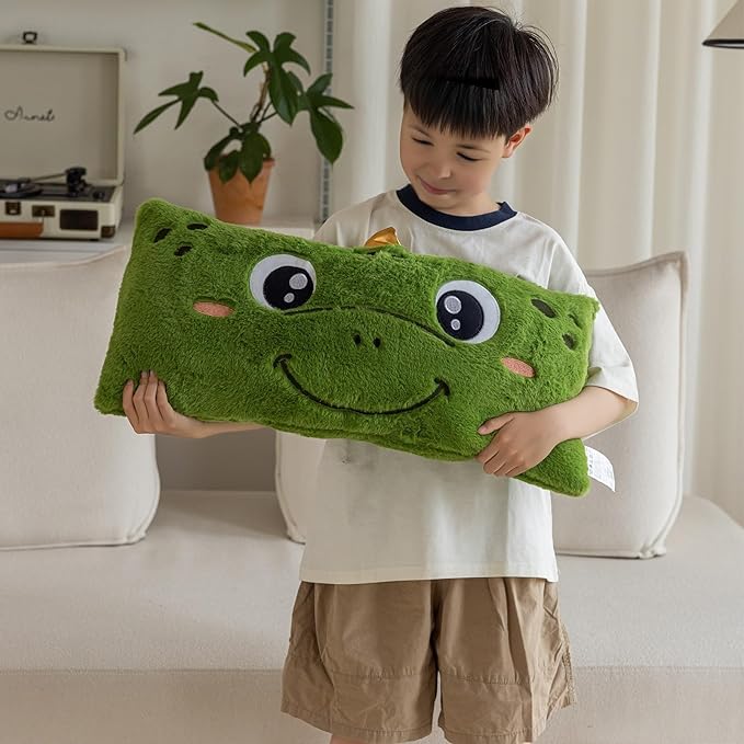 Snugtown Stuffed Animal Lumbar Pillow, Super Soft Plush Cuddle Throw Pillow for Kids, Cute Dinosaur Shaped Pillow, 12 x 24 Inches, Green