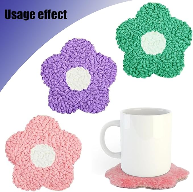 Allazone 8 PCS Punch Needle Coasters Kit, Flower Embroidery Punch Needle Kits, Punch Embroidery Kit with Felt Yarns Hoop Tools for DIY Crafts