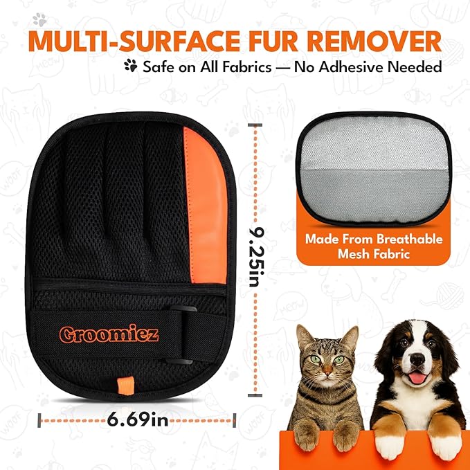 Groomiez 2 PCS Pet Hair Removal Gloves Set with Storage Bag – Electrostatic Dog & Cat Fur Remover Mitt for Furniture, Couch, Clothes & Car – Reusable & Washable Hair Cleaning Gloves
