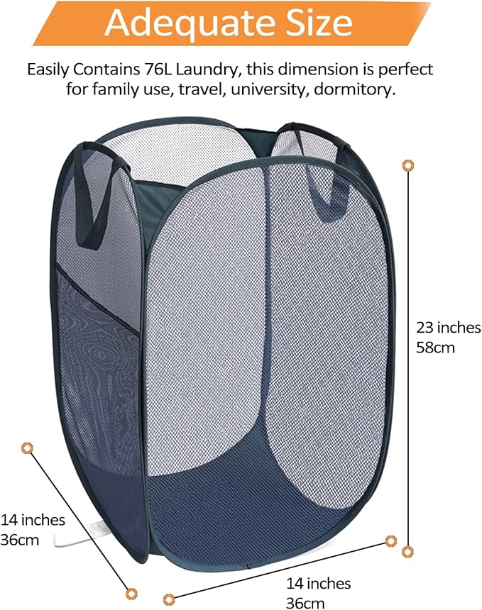 Bemkoo Navy Blue Durable Foldable Laundry Hamper, 22.8 x 14.2 x 14.2 inches