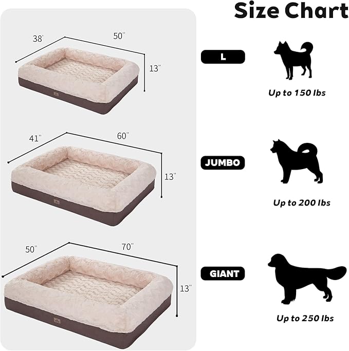 PetFun Memory Foam XL Dog Bed for XLarge Sized, Extra Large Orthopedic Dog Sofa with Sides and Waterproof Liner, Washable Bolster Pet Bed Couch with Removable Cover, 50x38x13 Inch, Khaki