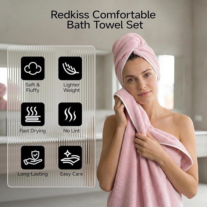 REDKISS 2 Pack Microfiber Extra Large Bath Sheets, 35 x 70 Inches, 670G, Super Soft and Absorbent, Quick Dry Pink Bath Towels, Perfect for Bathroom, Plush Shower Towels for Spa, Gym & Hotel