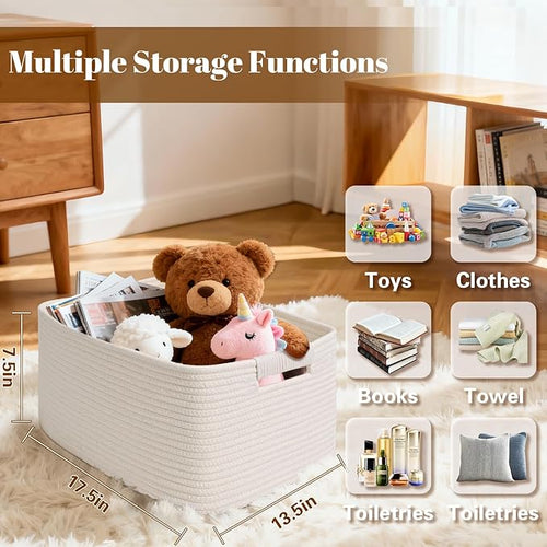 2 Pack Large Storage Basket for Organizing, 17.5"x13.5"x7.5" Woven Basket for Shelves, Closet Cube Storage Bins with Wrapped Handle, Cotton Rope Baskets for Kitchen, Clothes, Toys(Off White)