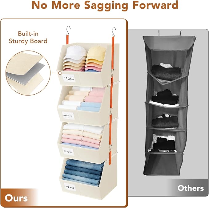 Baesyhom 4 Pcs Modular Closet Organizer - Detachable & Foldable Hanging Storage Cubes, 88L Total Capacity, Heavy Duty Fabric Shelves for Wardrobe, Closet Organization, RV, Dorm, Beige