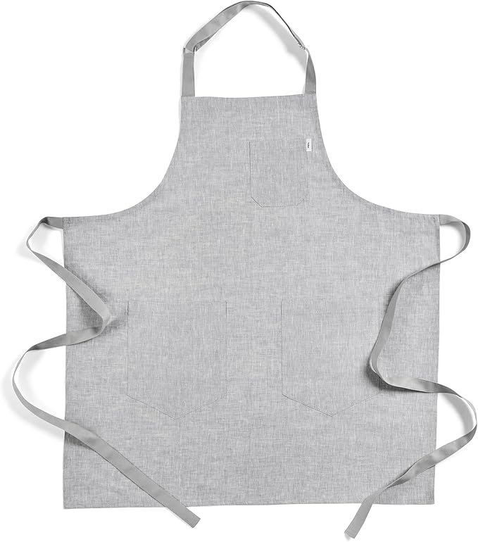 Solino Home Linen Bib Apron for Men & Women - 33 x 30 Inch Kitchen Apron with Front Pockets - Handcrafted from European Flax