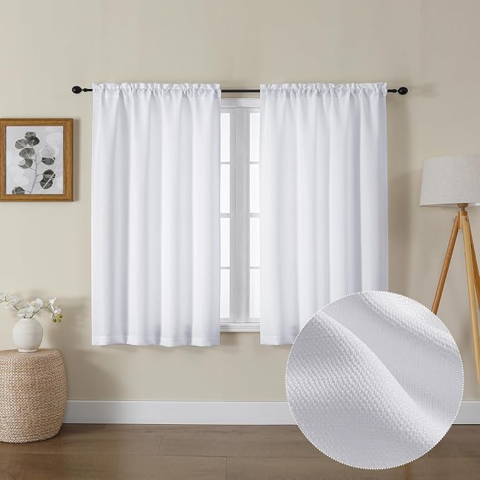 Lecloud Bessie White Curtains 45 Inch Length 2 Panels, Faux Linen Light Filtering Window Curtains Rod Pocket, Farmhouse Small Curtain Drapes for Bedroom Living Room, Each 30 W x 45 L