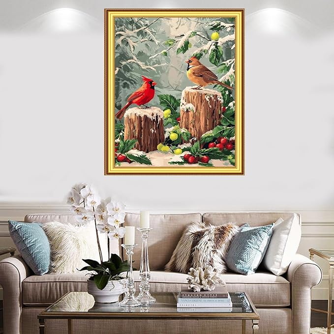 Foxnyart Stamped Cross Stitch Kits Full Range of Embroidery Needlework Starter Kits for Beginners Adults 11CT Embroidery Patterns Art Crafts DIY Needlepoint Kit-Little Bird Snow Scene 16x20 inchs