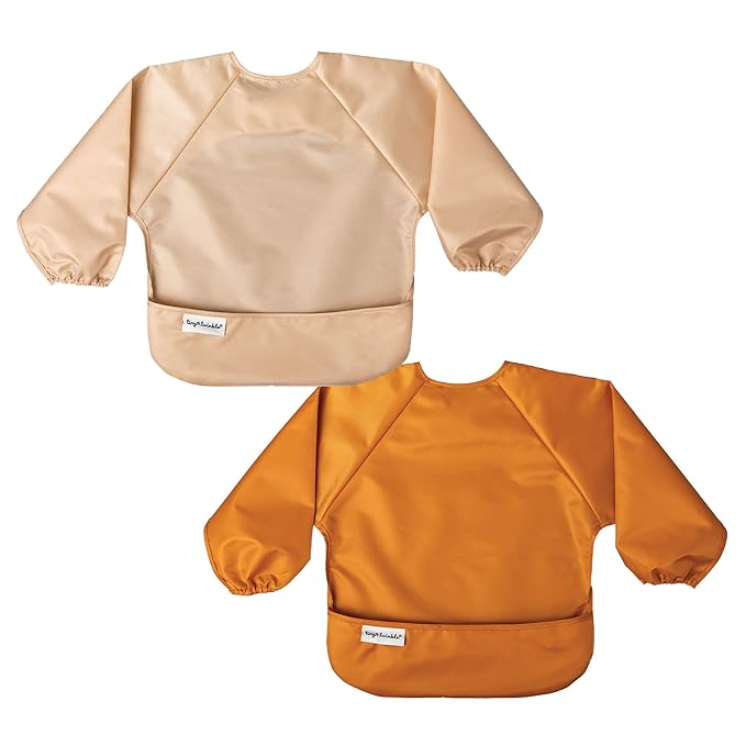 Tiny Twinkle Long Sleeve Bib for Babies & Toddlers | 2-Pack Waterproof Smock Bib for Eating | Machine Washable & Mess-Proof Feeding Essentials | Newborn Shower Gift (Sand Cinnamon,2-4Y)