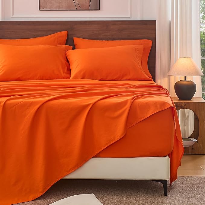 Bedlifes 100% French Linen Sheets California King Size 18-24" Extra Deep Pocket 4-Piece Set Breathable & Moisture-Wicking,Soft & Durable Sheets for Thick Mattresses(Orange)