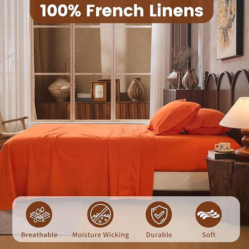 100% Linen Sheets California King Size,Breathable & Durable 4-Piece Bed Flax Sheet Set,Soft All-Season Bedding for Hot Sleepers 16" Deep Pocket Oeko-TEX Certified,（Cal King, Orange）