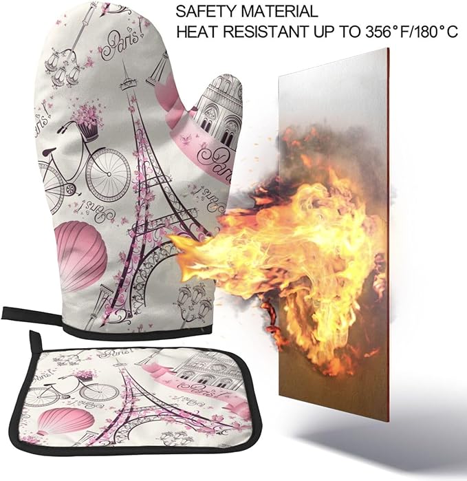 Paris Theme Oven Mitts and Pot Holders Eiffel Tower Romantic Travel Insulated Gloves & Kitchen Counter Safe Mats for Cooking BBQ Baking Grilling (2-Piece Set)