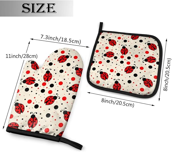Ladybugs Oven Mitts and Pot Holders Insulated Gloves & Kitchen Counter Safe Mats for Cooking BBQ Baking Grilling (2-Piece Set)