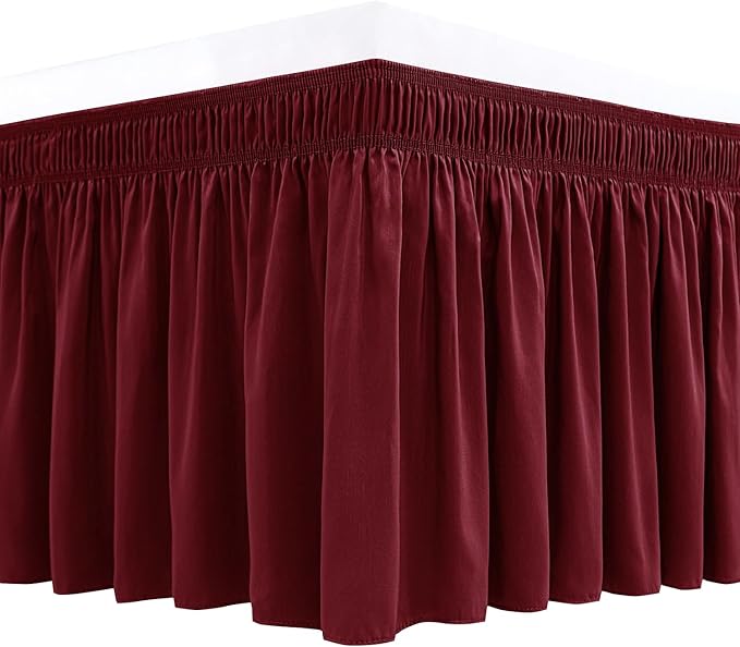 Biscaynebay Wrap Around Bed Skirts for King & Cal King Beds 17" Long Drop, Burgundy Adjustable Elastic Dust Ruffles Easy Fit Wrinkle & Fade Resistant Silky Luxurious Fabric Solid Machine Washable