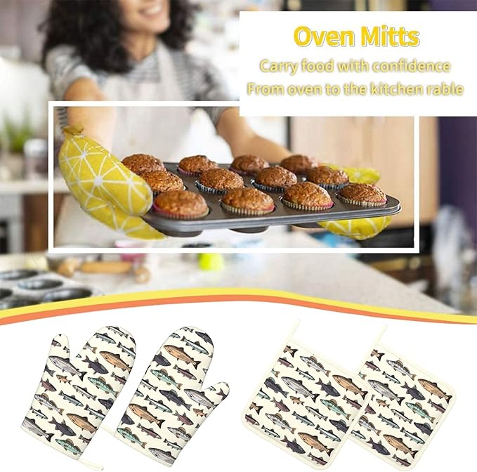 Vintage Fish Oven Mitts and Pot Holders Set of 4 Silicone Heat Resistant Oven Mitten Potholders Non Slip Gloves Kitchen Decor for BBQ Cooking Grilling Baking