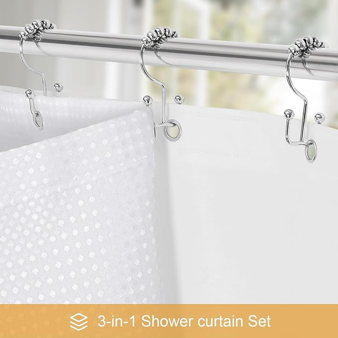 Craidlela 3 in 1 Extra Long Shower Curtain Set-72 W x 84 H, White Waffle and PEVA Liner Set with 12 Stainless Steel Hooks, Waterproof Fabric for Bathroom