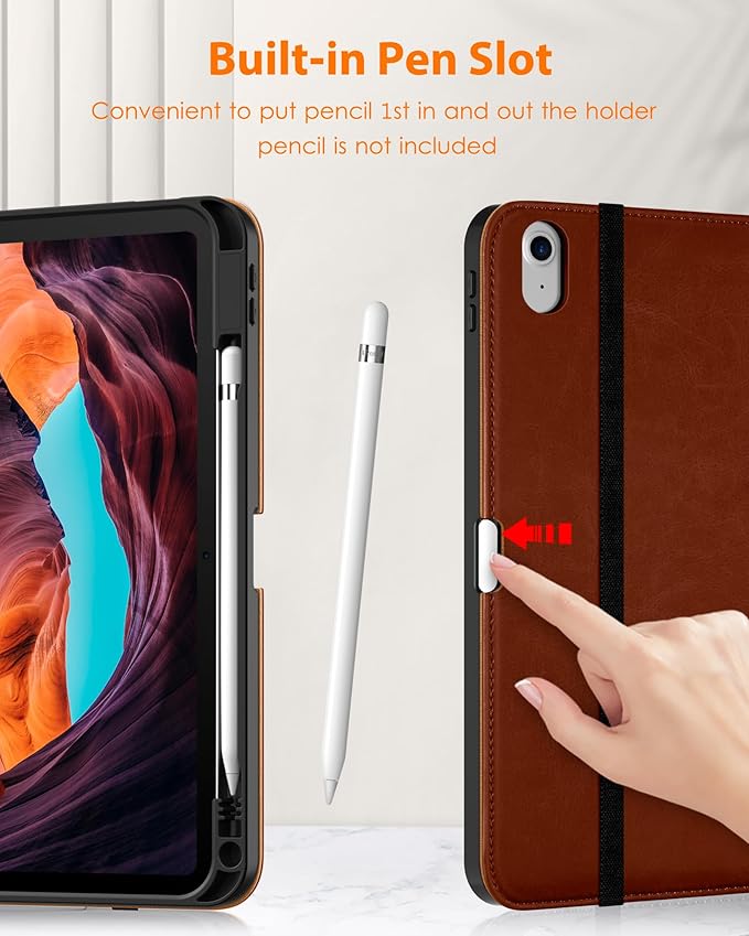 DTTO for iPad (A16) 11th Generation Case 11 Inch 2025, iPad 10th Generation Case 10.9 Inch 2022, Premium Leather Business Folio Stand Cover with Pencil Holder - Auto Wake/Sleep, SaddleBrown