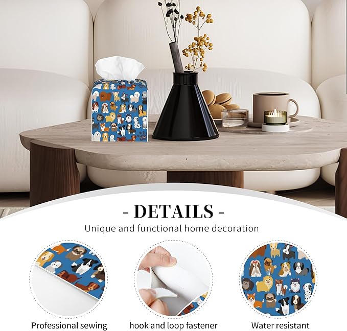 POIUBLE Tissue Box Holder Cute Dogs Tissue Box Cover Square Leather Tissue Holder Organizer Portable Decorative Facial Paper Case for Home Office Bathroom Vanity Countertop
