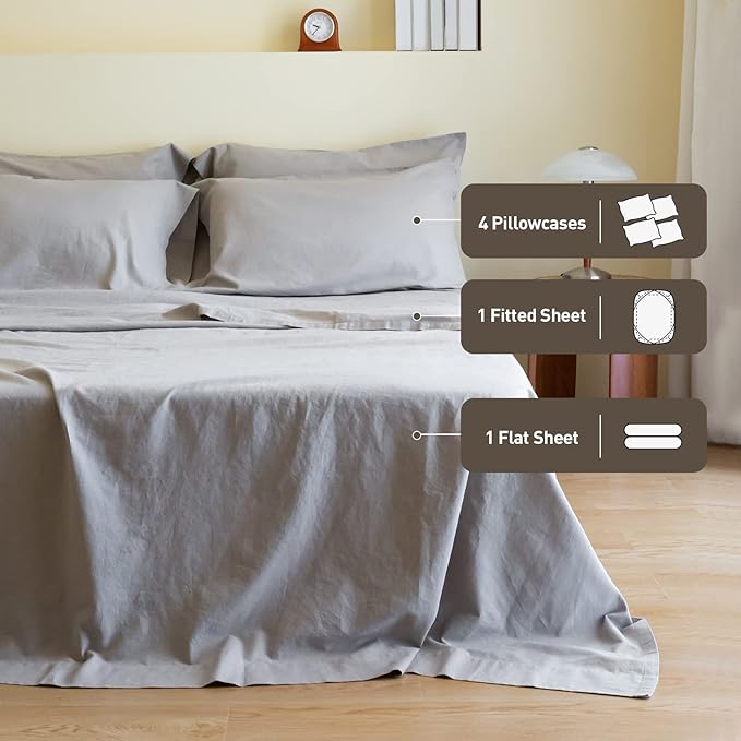 Simple&Opulence Belgian Linen Sheet Set Solid Color - 6 Pieces (1 Flat Sheet & 1 Fitted Sheet & 4 Pillowcases) 16" Deep Pocket Natural Flax Cotton Blended Soft Bedding - Grey, King Size