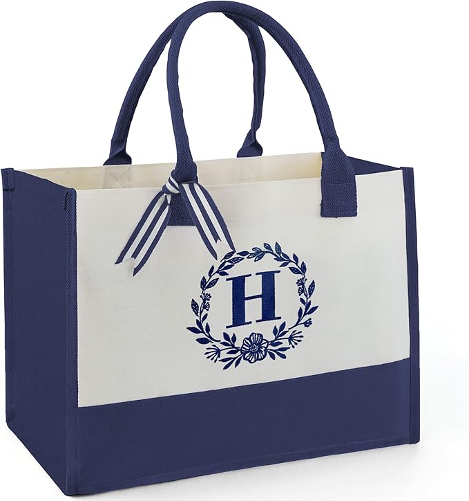 BeeGreen Embroidery Monogram Initial Tote Bag for Women Teacher Mom Friend Personalized Gift for Birthday Beach Wedding Work