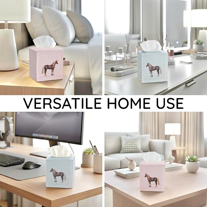 EmbroideryLinen.VN Tissue Box Cover Set of 2, Square Linen Tissue Holder, Printed Animal Pattern, 4.5x4.5x5.5 Inches, Decorative Holder for Bathroom, Living Room, Office (Horse - Ivory & Pink)
