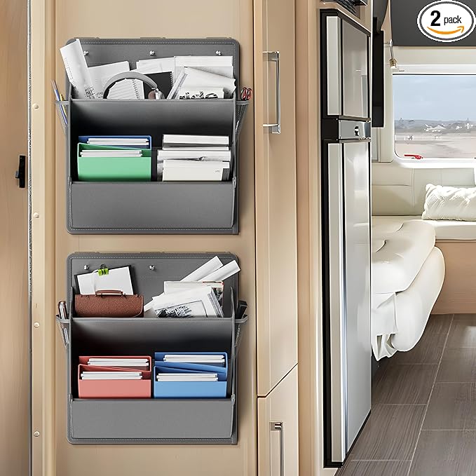 DEYILIAN 2 Pack RV Shoe Storage with Sticky Adhesive Tape, Over the Door Shoe Rack, Wall Hanging Shoe Organizer with Large Deep Pockets for Camper, Narrow Space Saving Closet Organizers - Grey