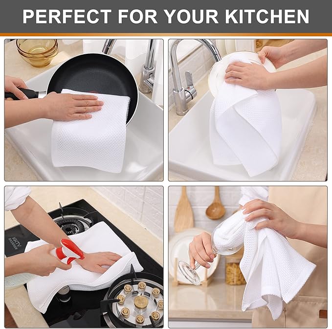 Kitinjoy 100% Cotton Waffle Weave Kitchen Towels, 6-Pack Super Soft and Absorbent Dish Towels for Drying Dishes, Kitchen Hand Towels, 13 in x 28 in, White