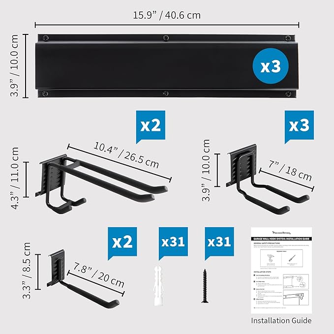 Precision Defined Garage Organizer Wall Mount (48 Inches), Heavy-Duty Tool Racks and Tool Hanger for Shovel and Rake, Garden Organizer with Hangers for Garage Organization, Metal Hanging Rack